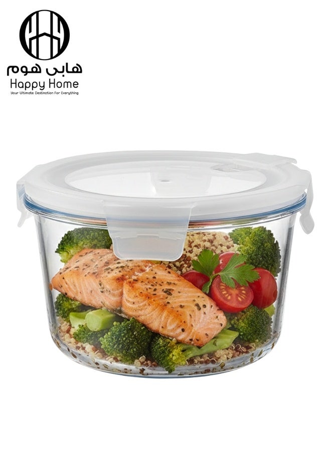 Happy Home 1Pcs Premium Round Glass Food Containers – BPA-Free, Leak-Proof 4-Sided Lock Lid with Rubber Seal, Steam Vent, Microwave, Oven, and Freezer Safe, 1100ml (Height 9cm × Width 16cm), Stackable, Eco-Friendly, Perfect for Food Storage and Meal Prep - Image 1